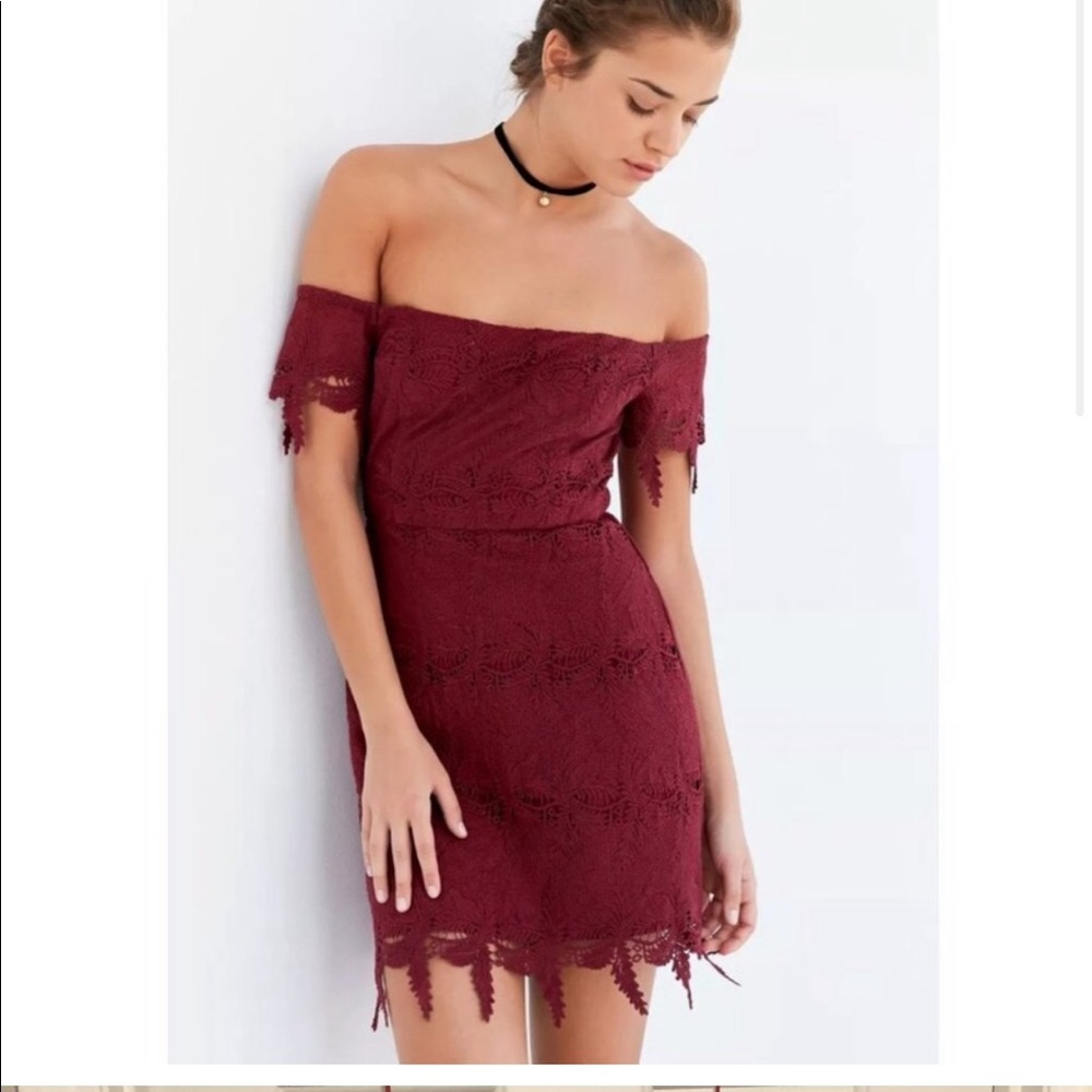 ASTR Valentina lace off the shoulder mini dress maroon burgundy
